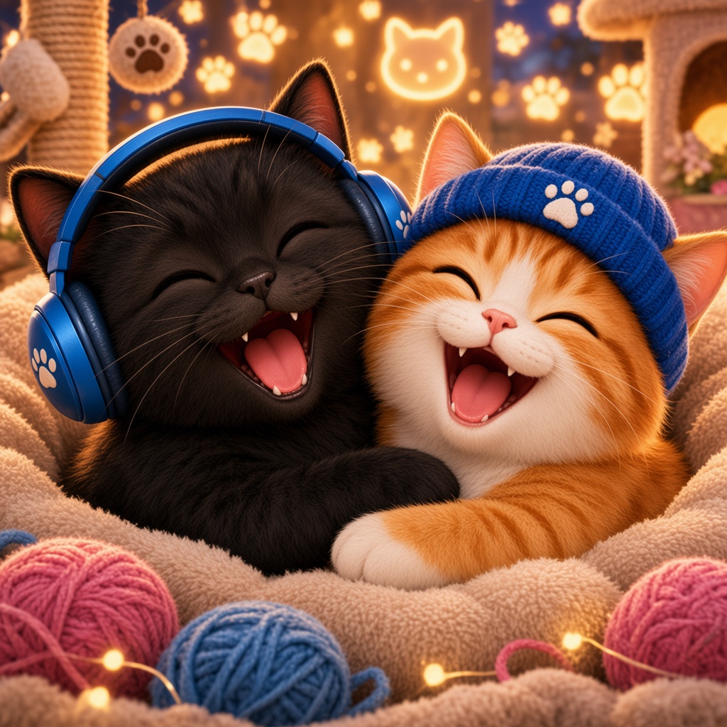 Black headphones cat and orange beanie cat laughing together