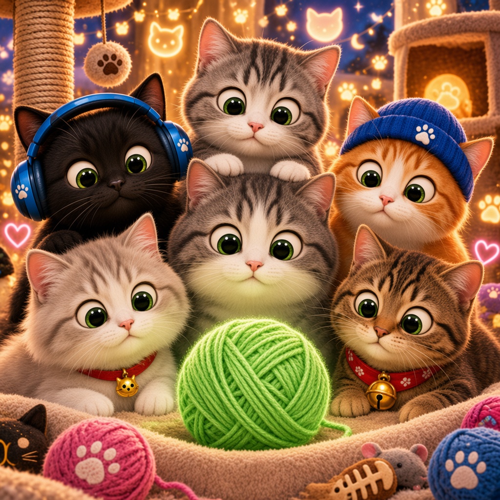 Six different Cat Season cats staring at a glowing green yarn ball