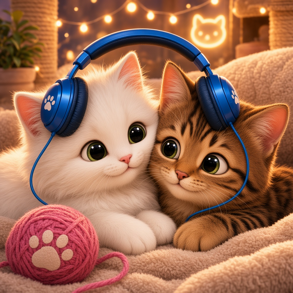 White kitten and brown tabby sharing one pair of blue headphones
