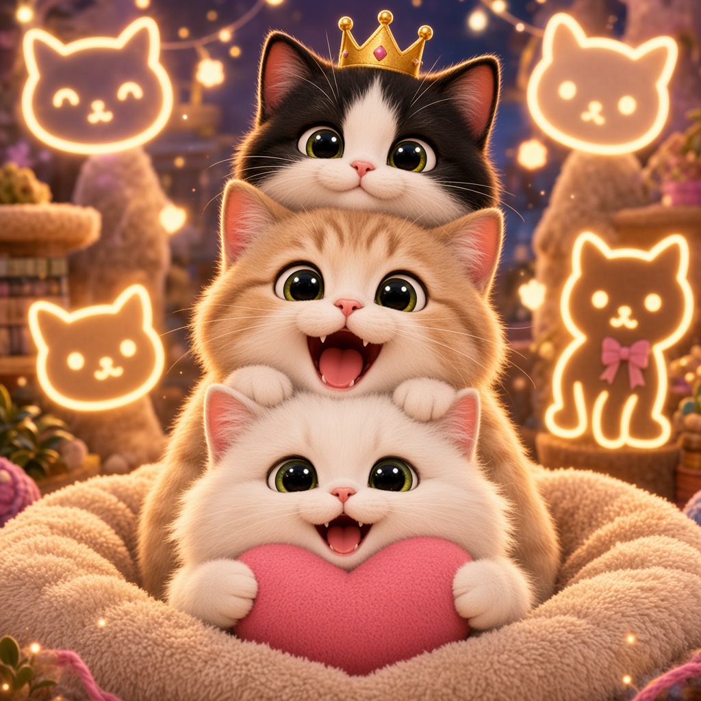 White heart-pillow cat, cream tabby, and crowned tuxedo stacked as a totem