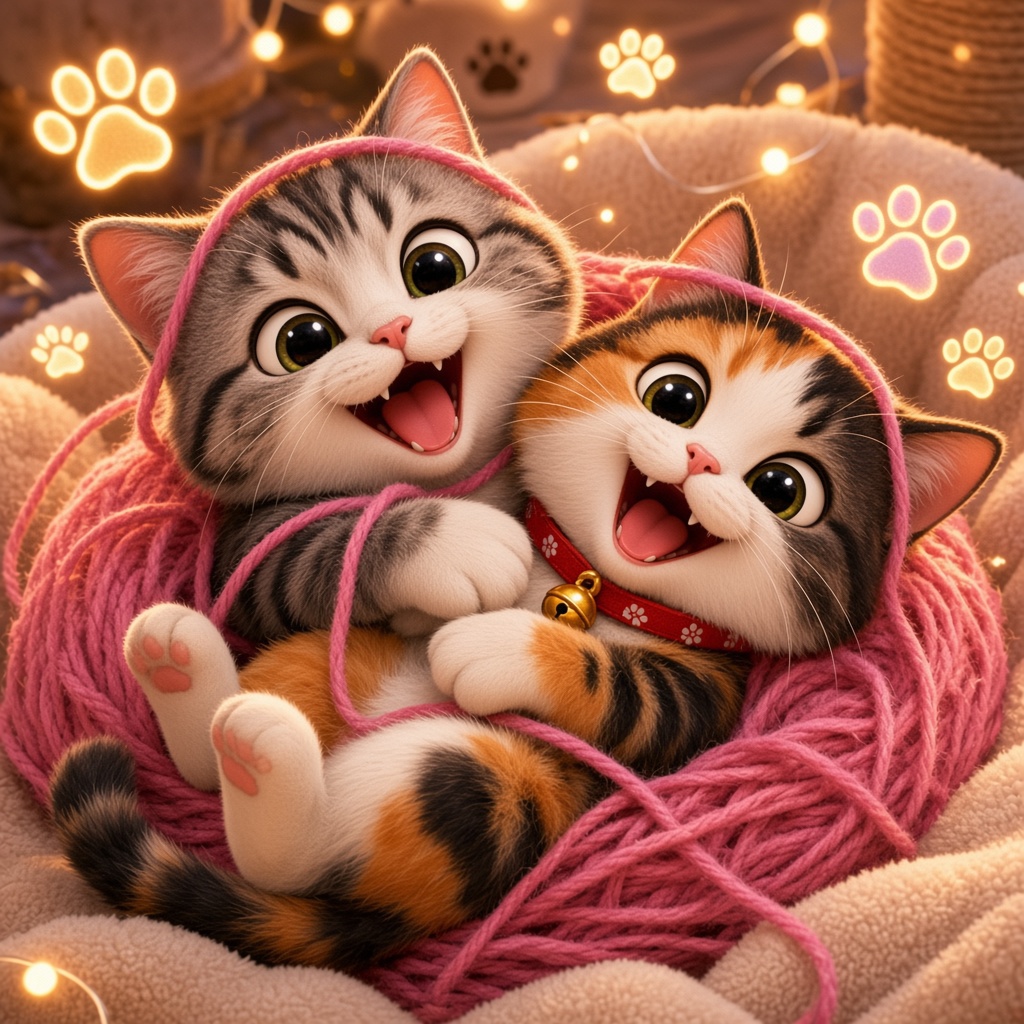Silver tabby and calico kitten tangled in a giant pink yarn ball